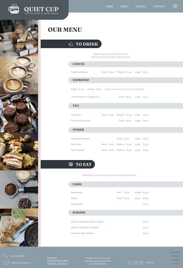 A desktop computer is open to the landing page of the 'Quiet Cup' Website.